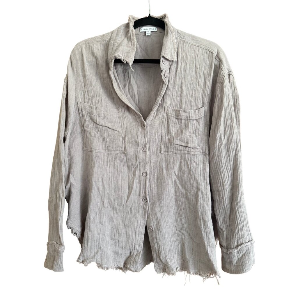 Miou Muse | Women’s | Lavender | Size Medium | Fringe Button-Down Top